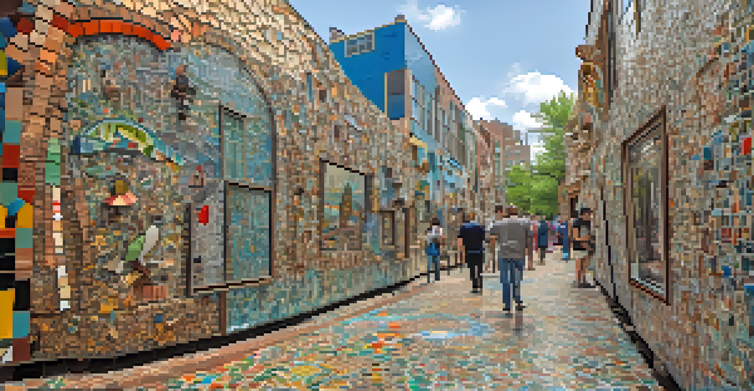 A colorful outdoor mosaic installation at the Philadelphia Magic Gardens, with visitors exploring the intricate art and sculptures.