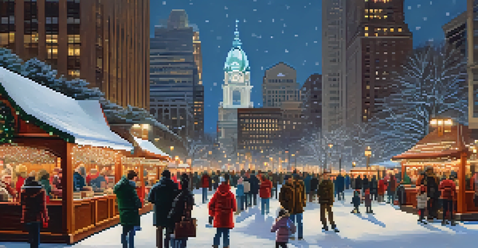 A winter scene in Philadelphia's Love Park with wooden stalls and holiday lights, people enjoying hot chocolate, and a snowy skyline in the background.