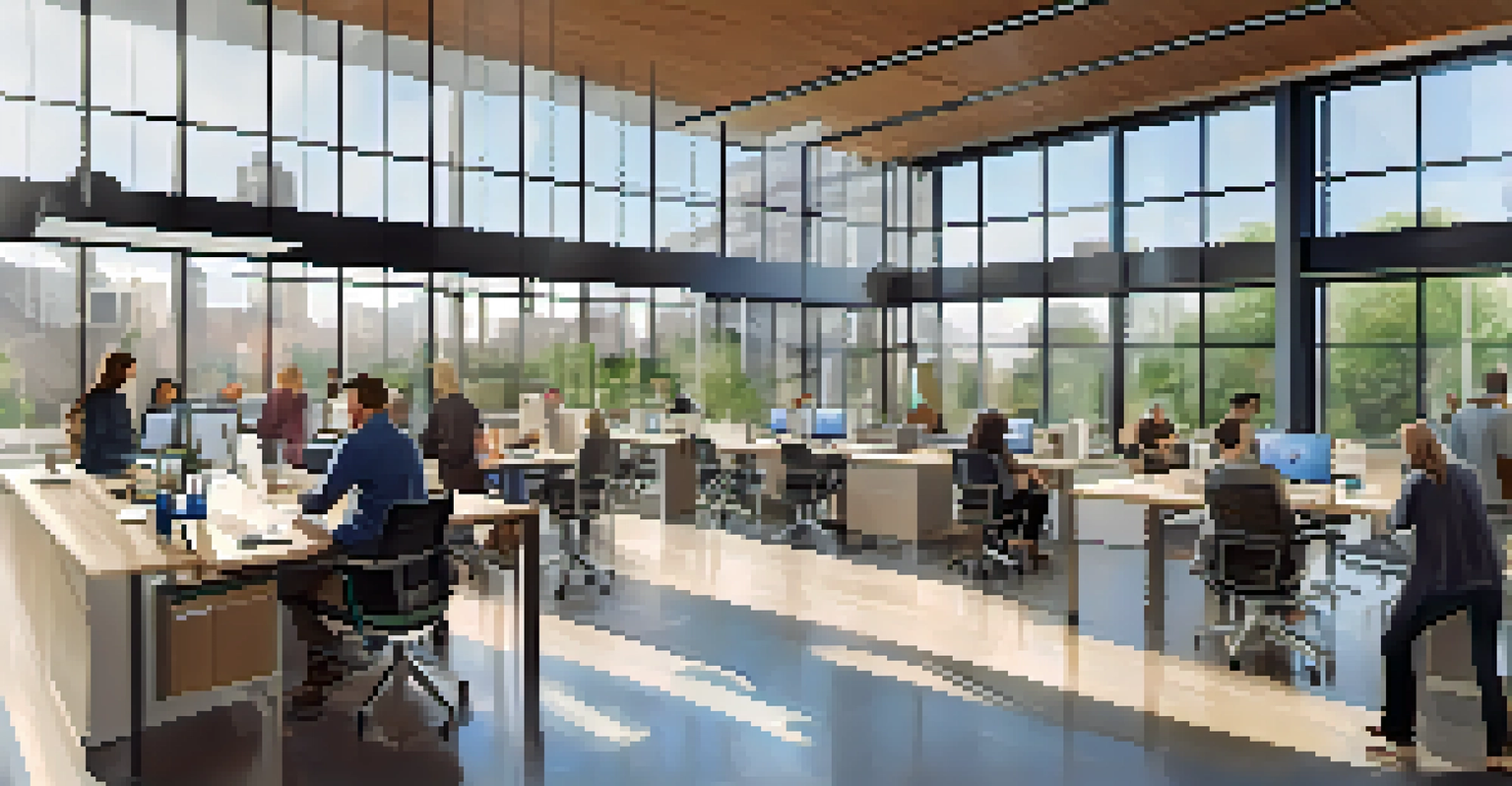 A bright and modern university innovation hub with diverse entrepreneurs working together at contemporary desks, illuminated by natural light.