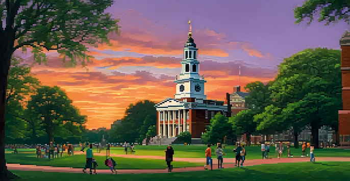 A sunset view of Independence Hall in Philadelphia, featuring a colorful sky and people enjoying the park.