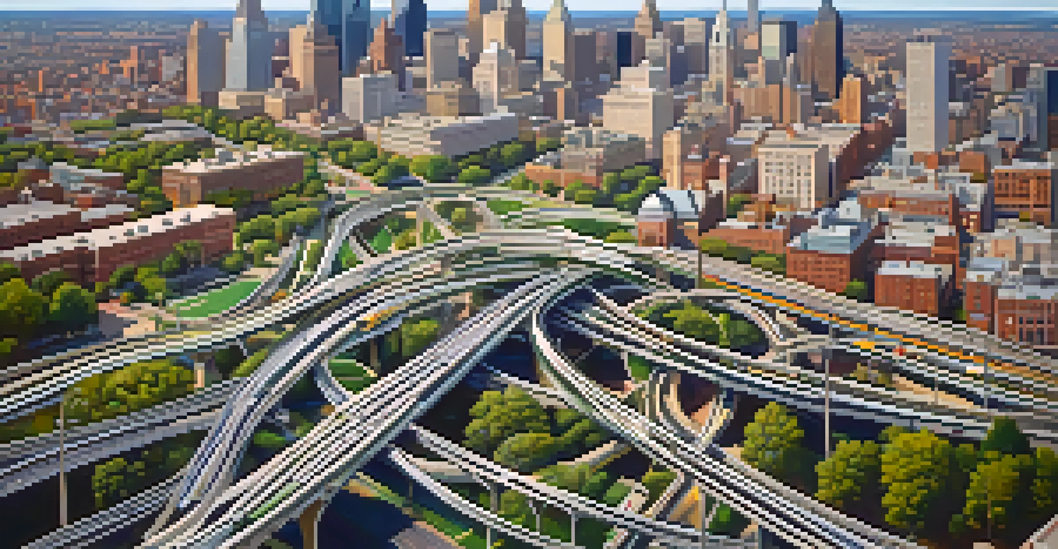 An aerial view of Philadelphia showcasing the public transportation network with buses and subways, surrounded by parks and residential areas under soft afternoon light.