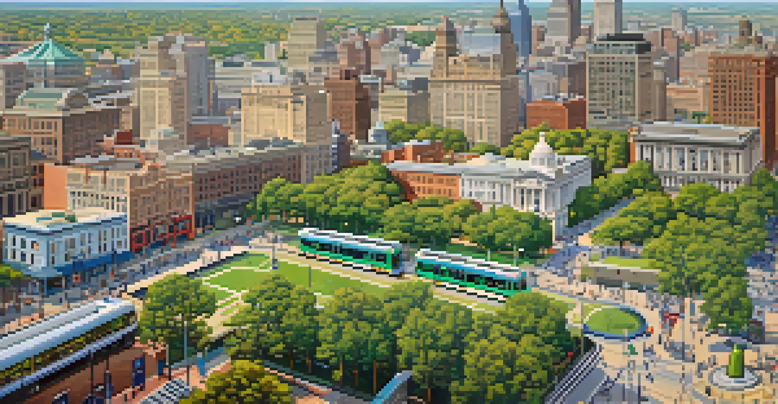 An aerial view of Philadelphia highlighting various modes of public transit in a vibrant urban landscape.