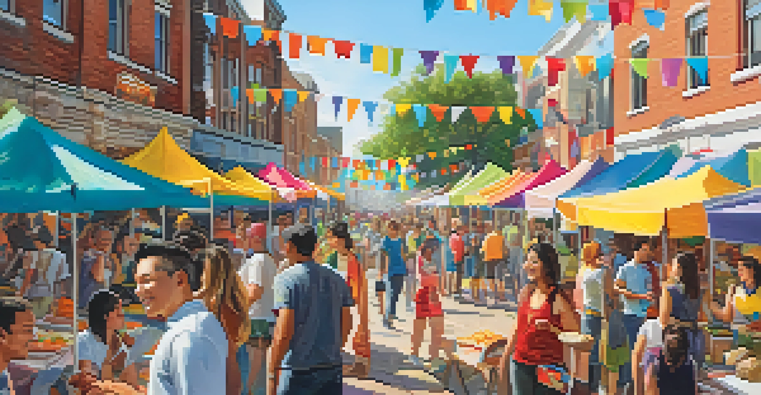 A street fair organized by a university, featuring stalls with crafts and food, and interactions between students and local residents.