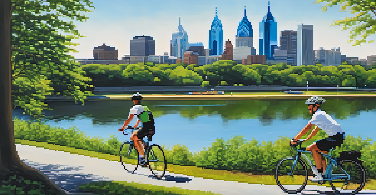 Cyclists riding along the Schuylkill River Trail in Philadelphia with the city skyline in the background.