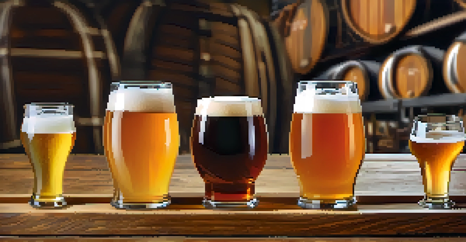 A close-up of a craft beer flight with four different beers on a wooden table.