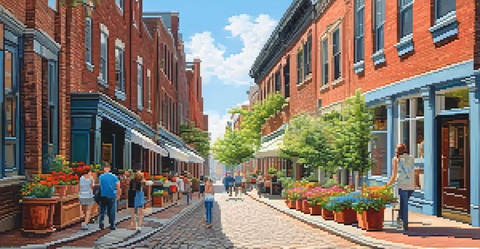 A scenic view of a cobblestone street with historic buildings and people walking, showcasing the vibrant atmosphere of Old City in Philadelphia.