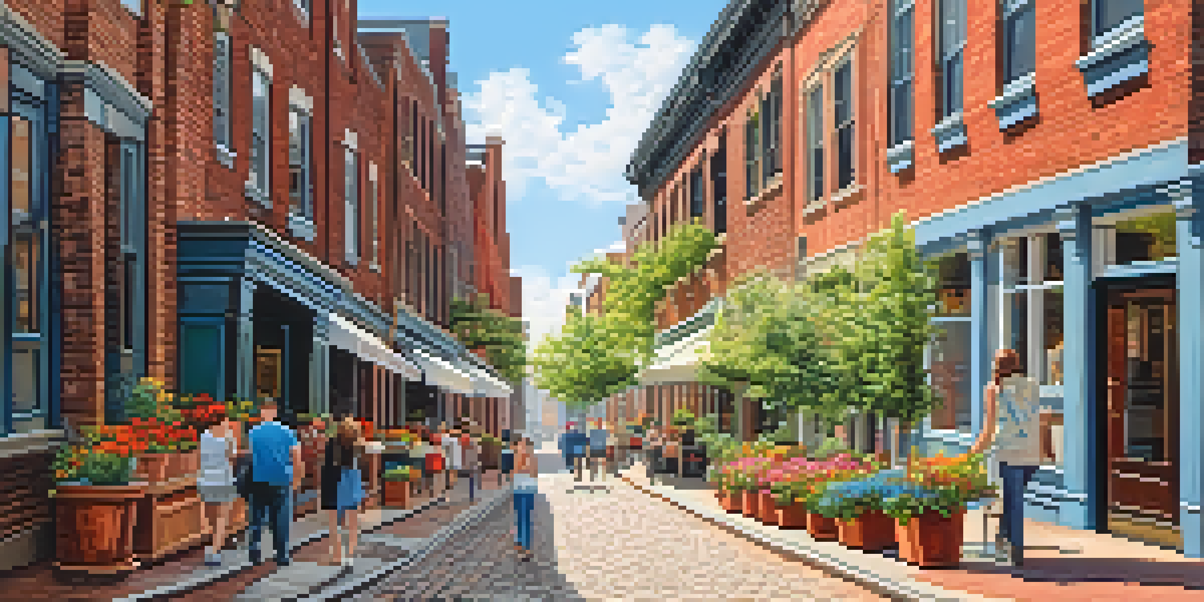 A scenic view of a cobblestone street with historic buildings and people walking, showcasing the vibrant atmosphere of Old City in Philadelphia.