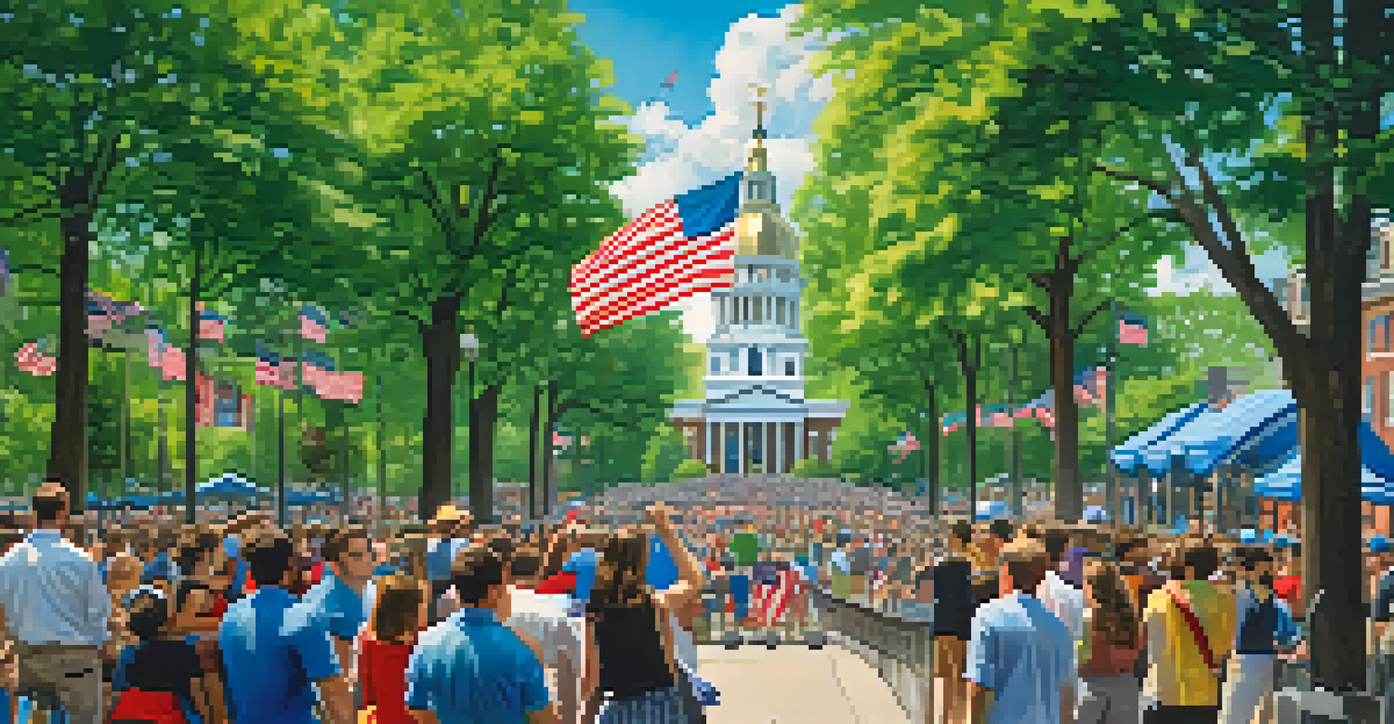 A vibrant modern-day Philadelphia scene featuring the Liberty Bell and Independence Hall, with people celebrating Independence Day in a lively atmosphere.