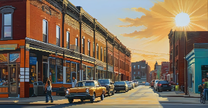 A lively street in Fishtown featuring colorful murals and a mix of old and new buildings, with people strolling in the golden light of sunset.