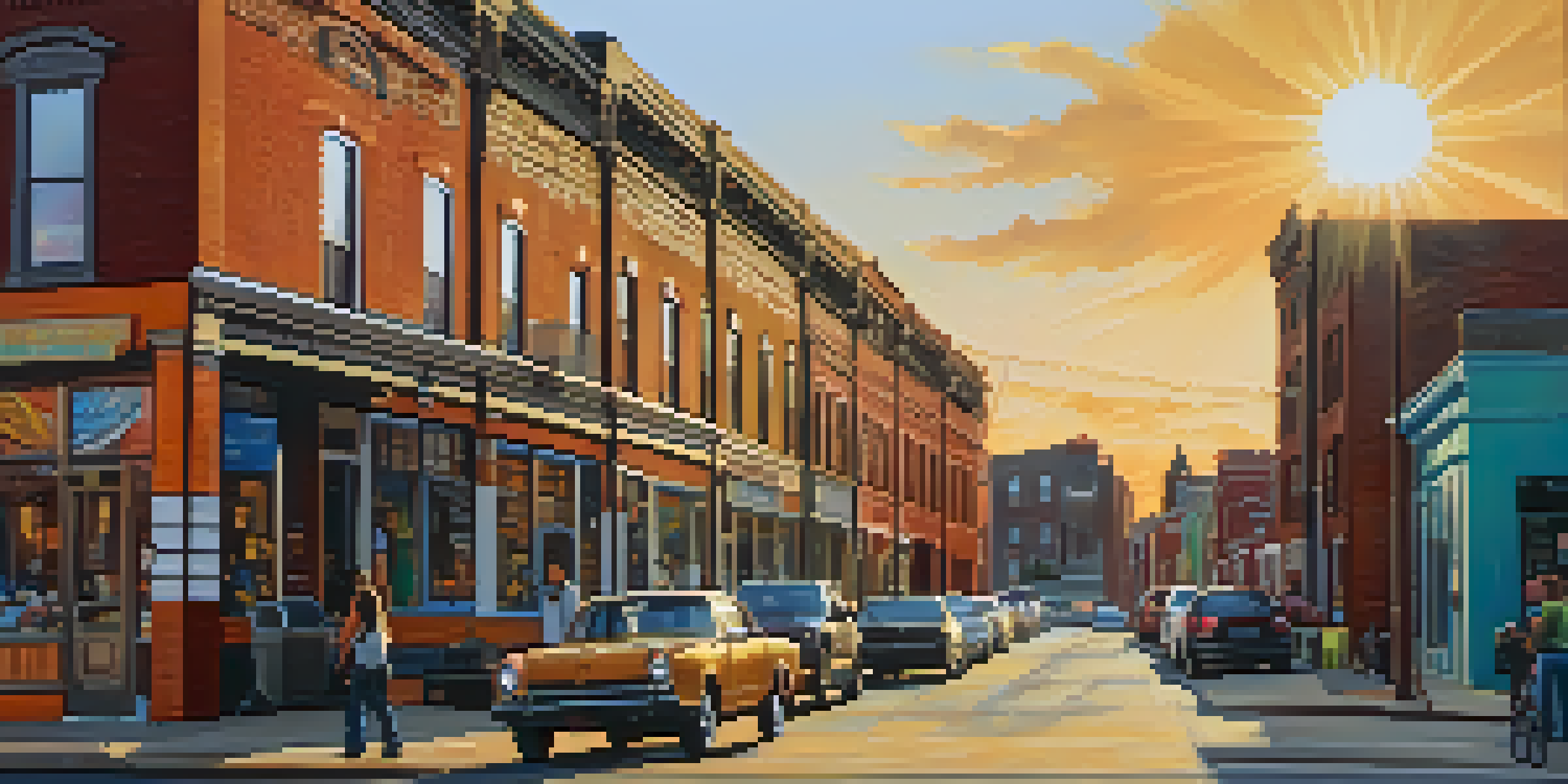 A lively street in Fishtown featuring colorful murals and a mix of old and new buildings, with people strolling in the golden light of sunset.