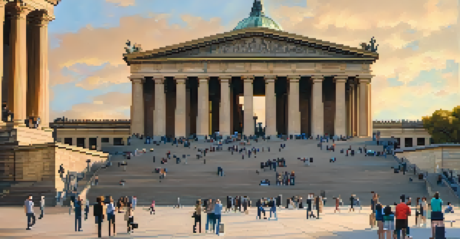 The Philadelphia Museum of Art with the Rocky Steps in front, filled with visitors, bathed in warm golden hour light against a clear blue sky.
