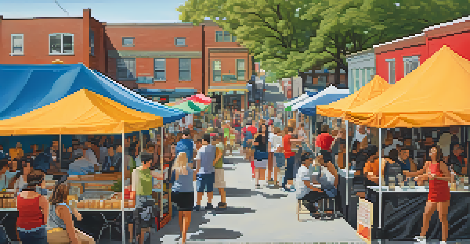 A bustling food festival in Fishtown with food trucks and community members enjoying diverse dishes, surrounded by colorful tents and local architecture.