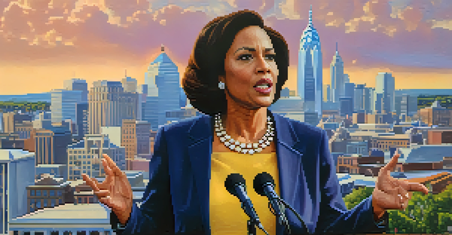 Close-up portrait of a female political leader at a podium with Philadelphia's skyline in the background.