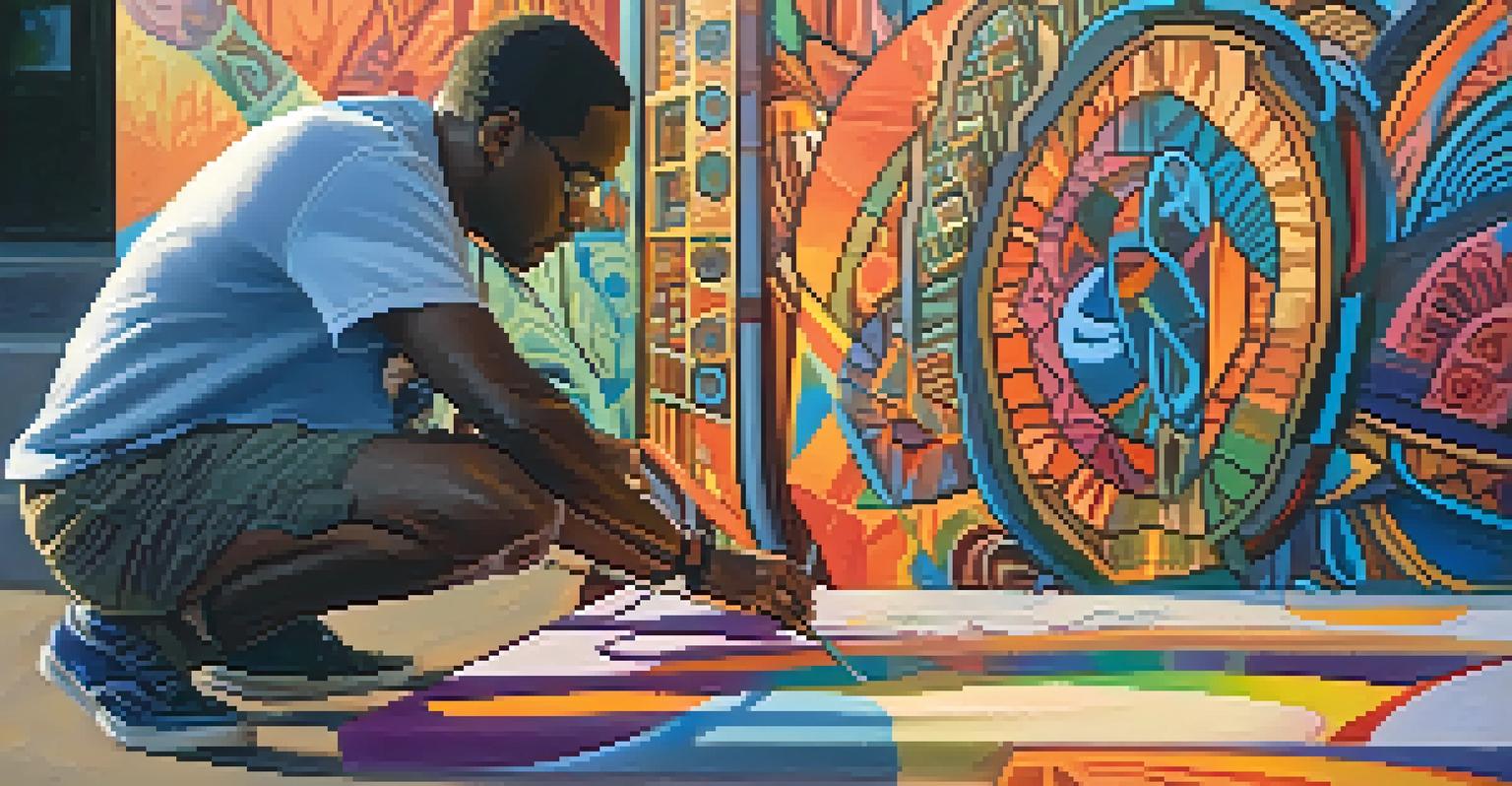 An African American artist passionately painting a vibrant mural in an urban environment, with soft evening light illuminating the scene.