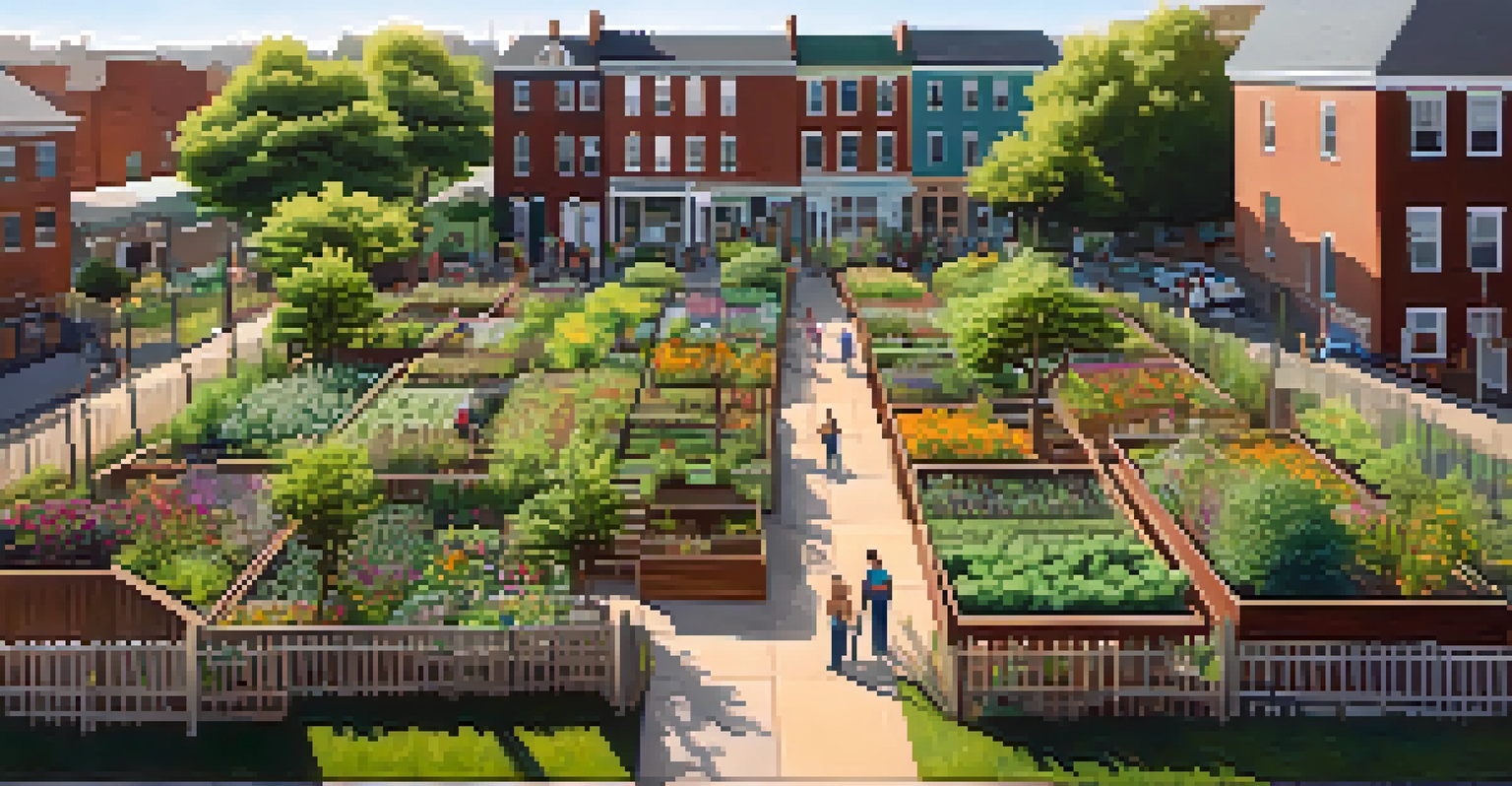 An aerial view of a vibrant community garden in Philadelphia, showcasing green plants, flowers, and community members caring for their plots.