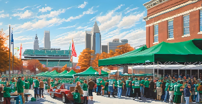 A lively tailgate party with fans in green jerseys outside Lincoln Financial Field, grilling and celebrating before a game.