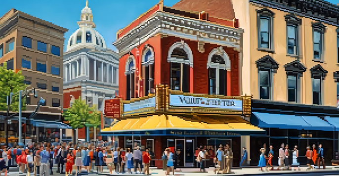 A lively street scene in Philadelphia featuring the historic Walnut Street Theatre and pedestrians enjoying the day.