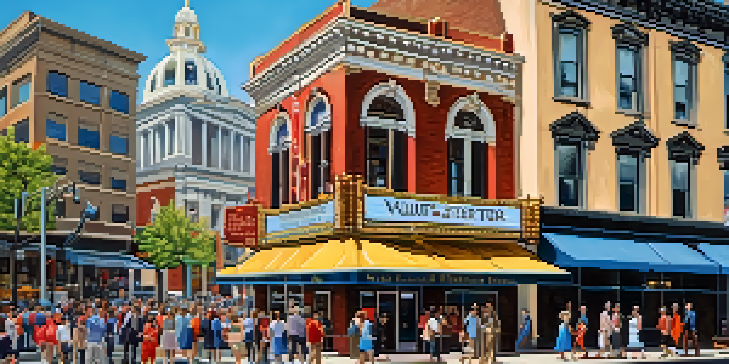 A lively street scene in Philadelphia featuring the historic Walnut Street Theatre and pedestrians enjoying the day.
