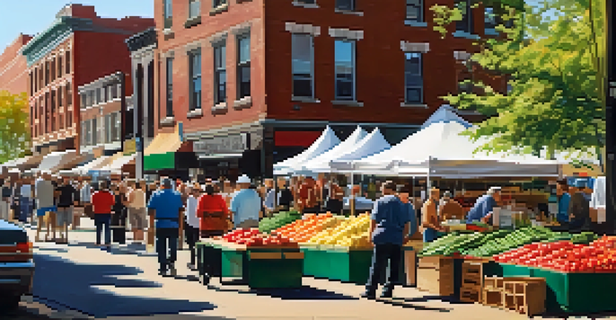 A lively farmers' market in Philadelphia with colorful stalls of fresh produce and local artisans, under warm sunlight.