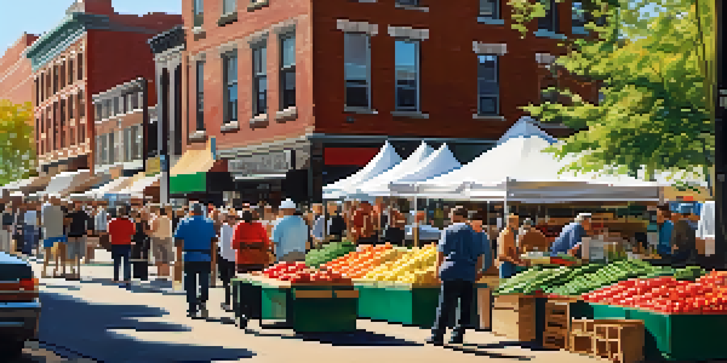 A lively farmers' market in Philadelphia with colorful stalls of fresh produce and local artisans, under warm sunlight.