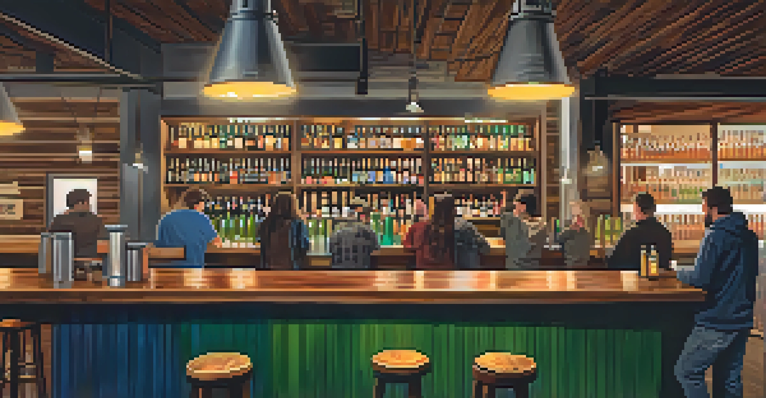 The interior of a brewery with a wooden bar and people enjoying craft beers.