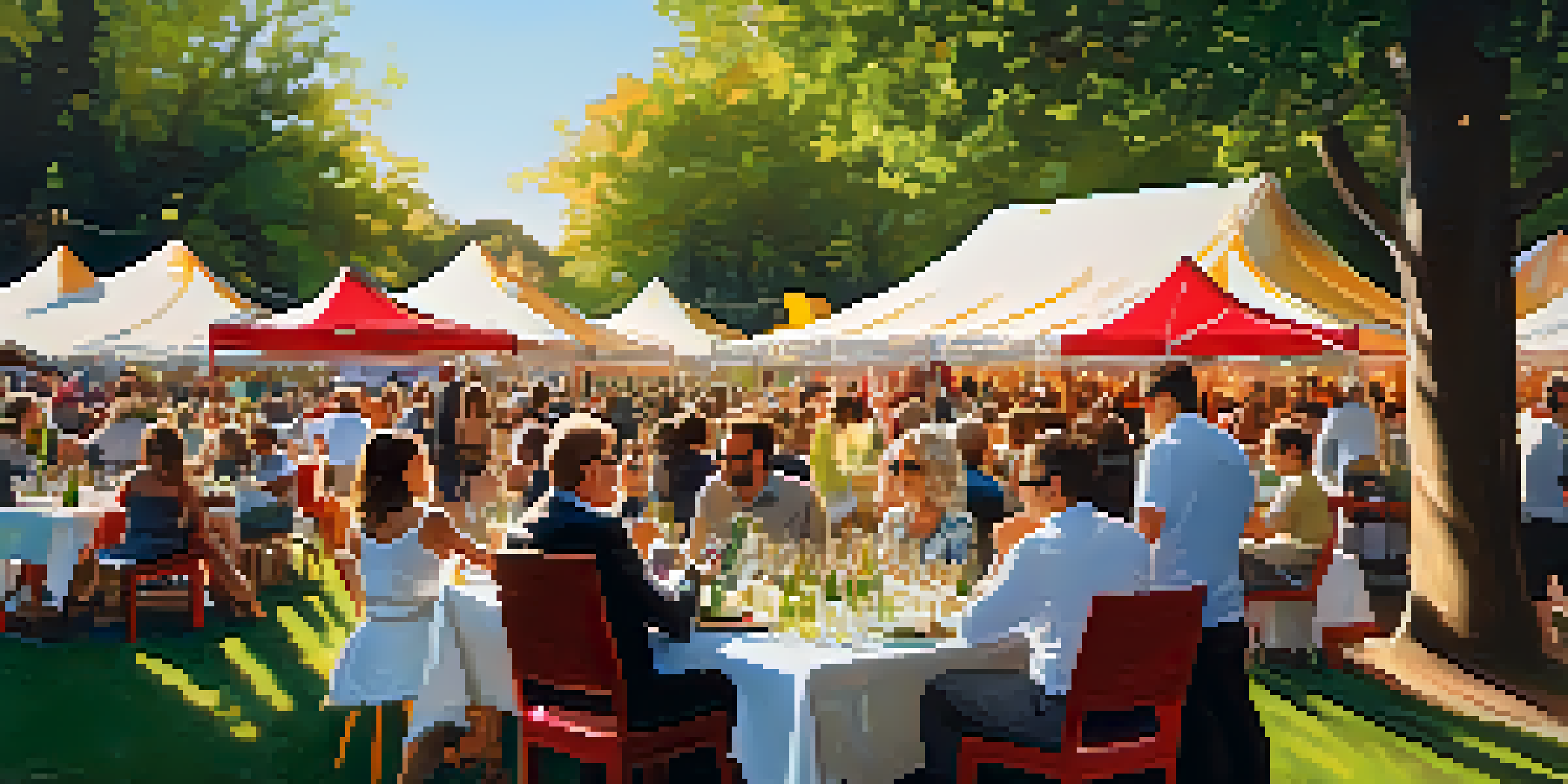 A lively outdoor festival scene with people tasting wine and enjoying gourmet food under colorful tents, with a band playing in the background and greenery all around.