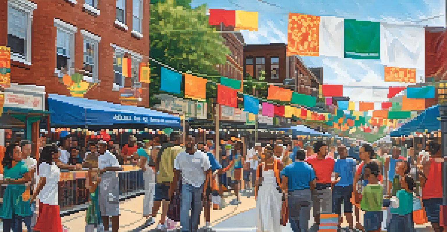 A lively cultural festival in Philadelphia with local artists, musicians, and families enjoying the vibrant street scene.