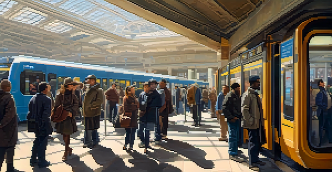 A busy public transit station in Philadelphia with diverse commuters and modern digital displays.