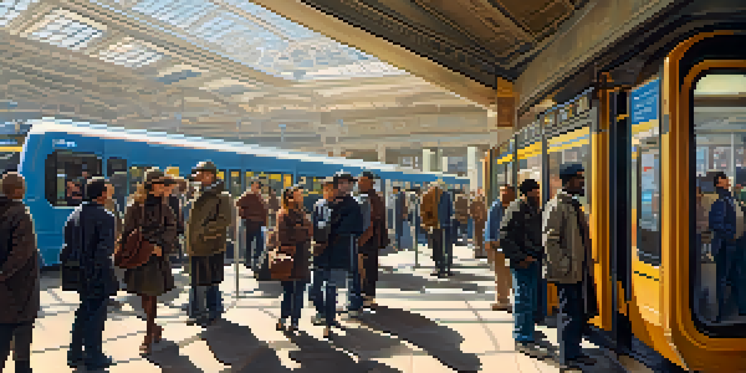 A busy public transit station in Philadelphia with diverse commuters and modern digital displays.