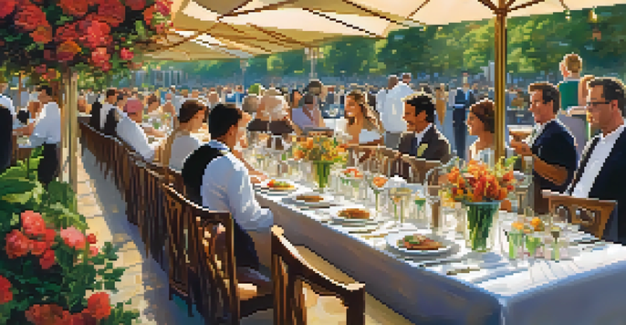 A lively food festival scene with gourmet dishes on a table and glasses of wine, set in a warm, inviting atmosphere.