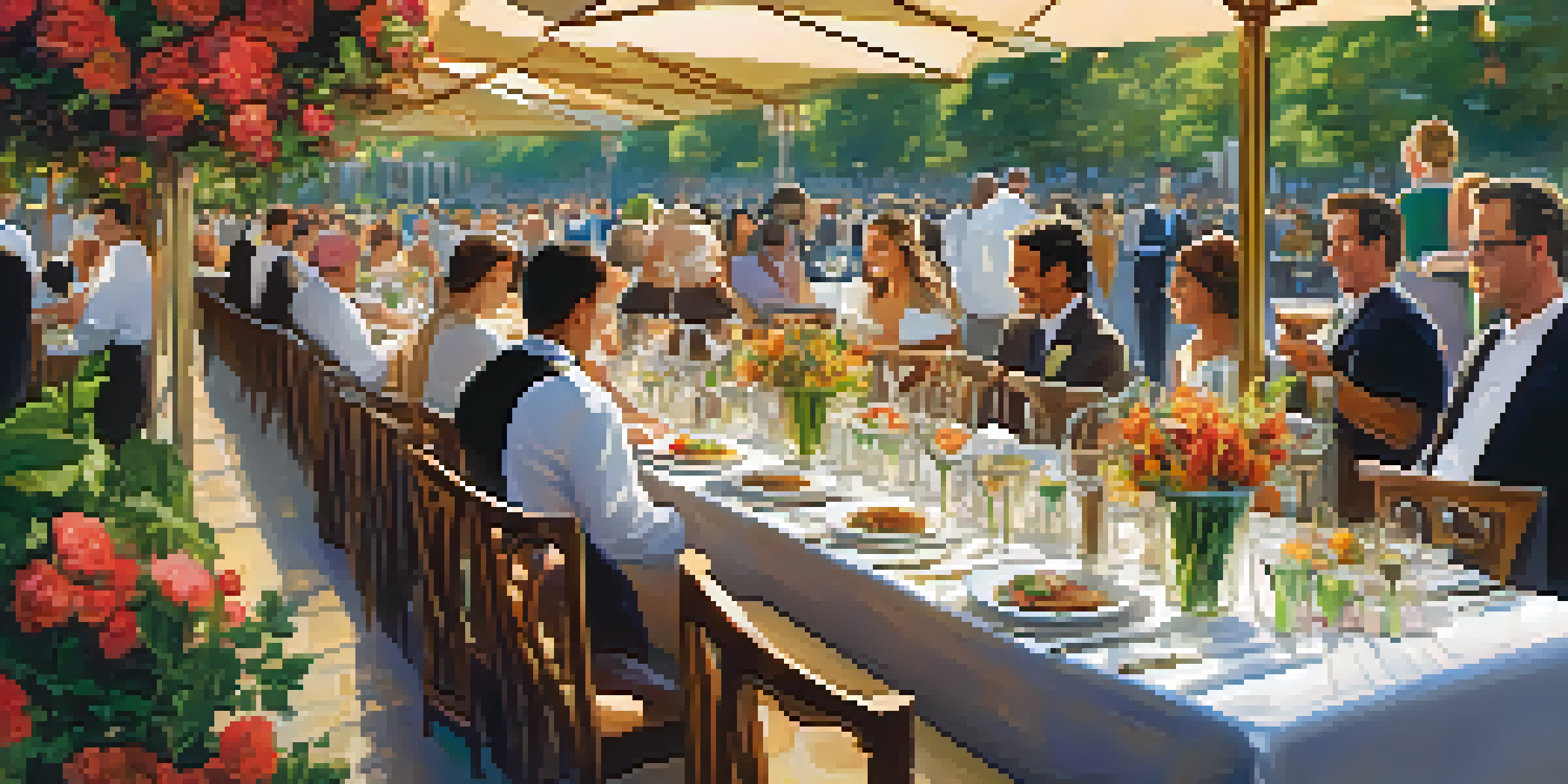 A lively food festival scene with gourmet dishes on a table and glasses of wine, set in a warm, inviting atmosphere.