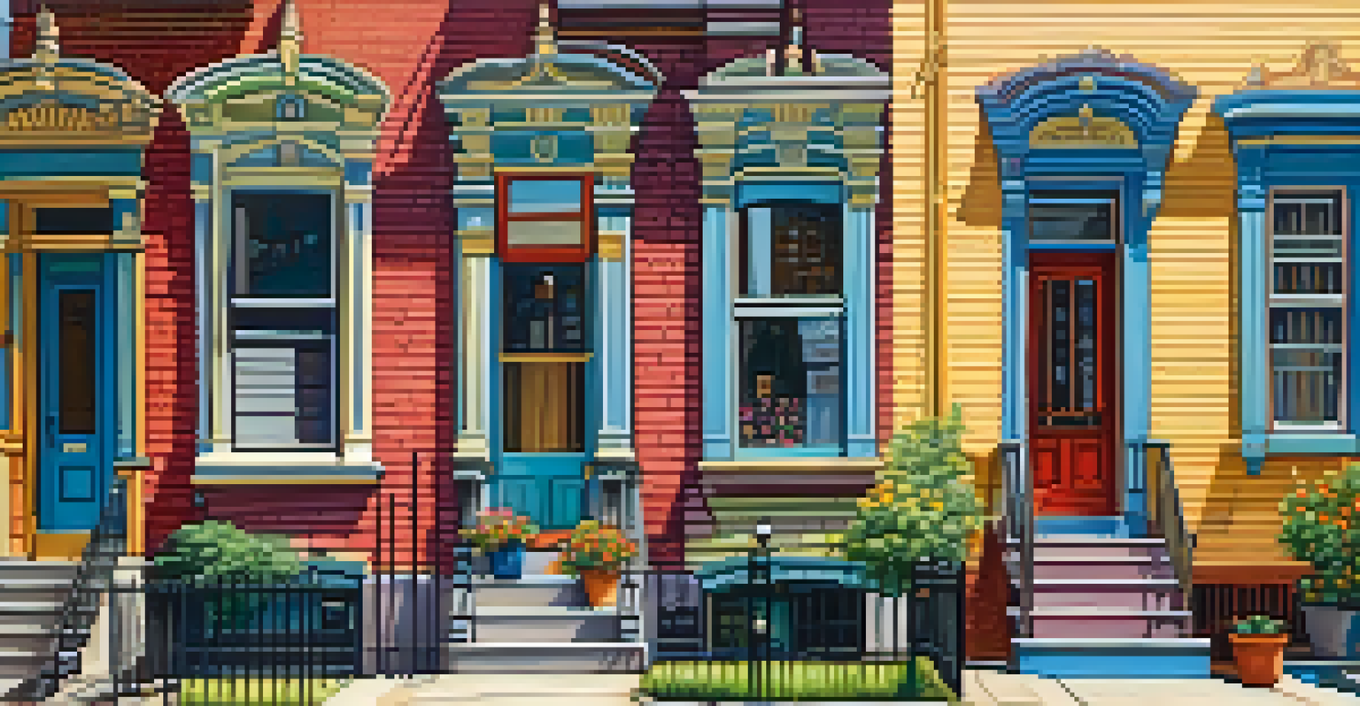 Charming Victorian row houses in Society Hill with colorful facades and children playing in the street.