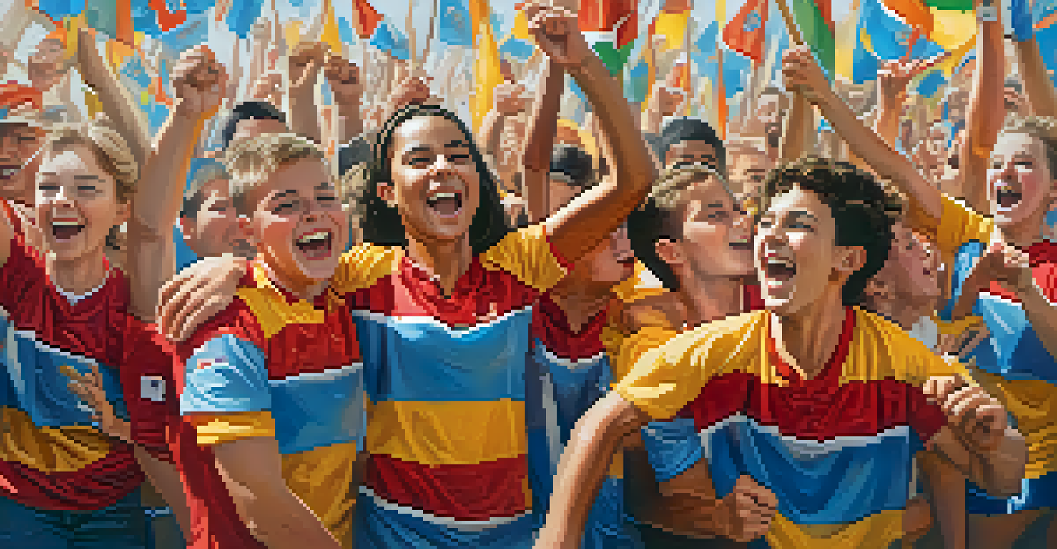 Young athletes celebrating their victory in a local sports match, surrounded by cheering family and friends.