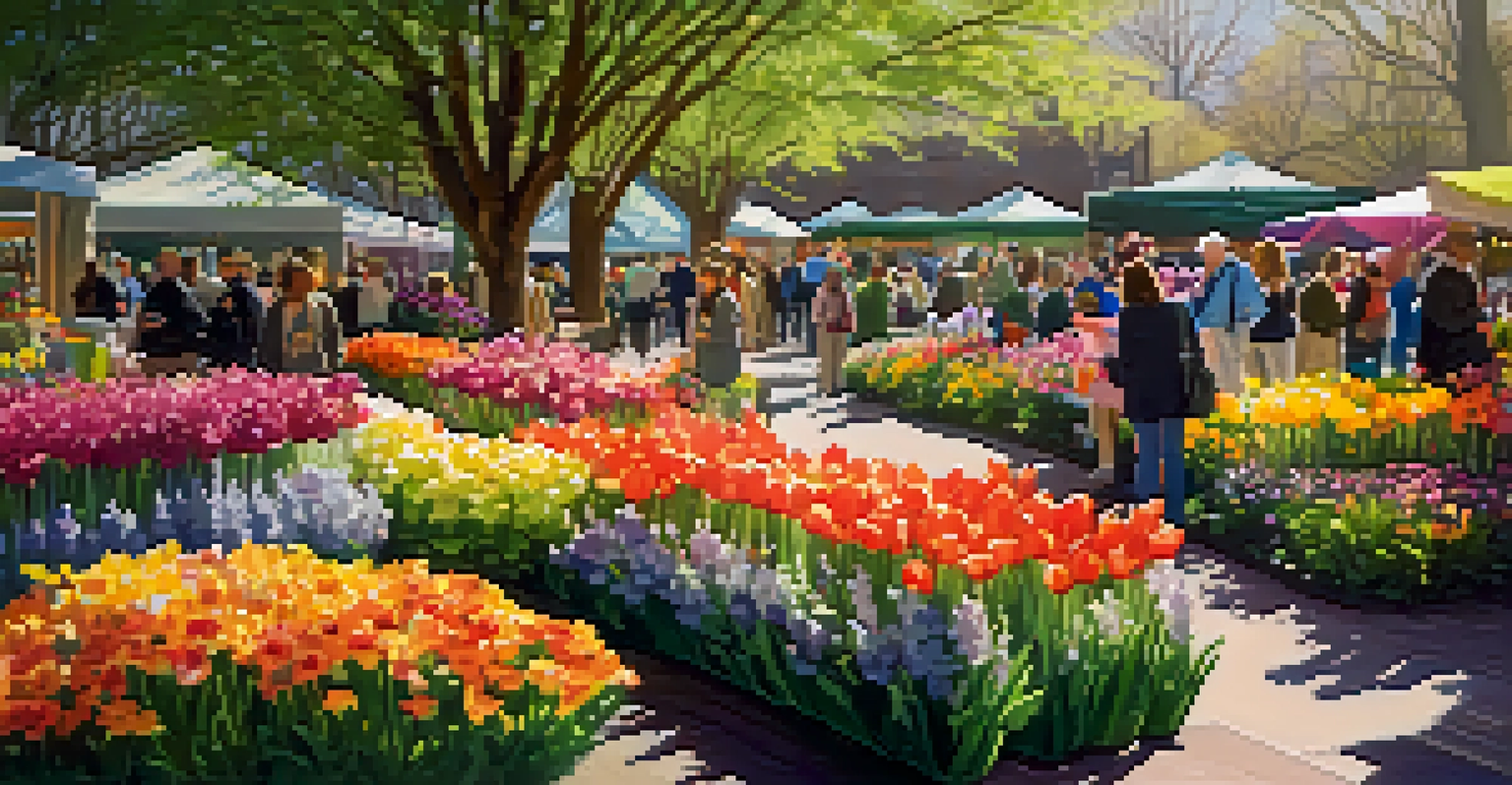 A colorful spring scene at the Philadelphia Flower Show with diverse floral displays and visitors admiring the gardens.