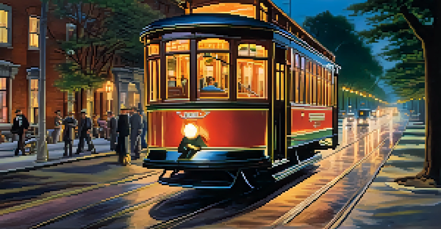 An electric trolley moving through a tree-lined street in late 19th-century Philadelphia, with illuminated windows and surrounding architecture.