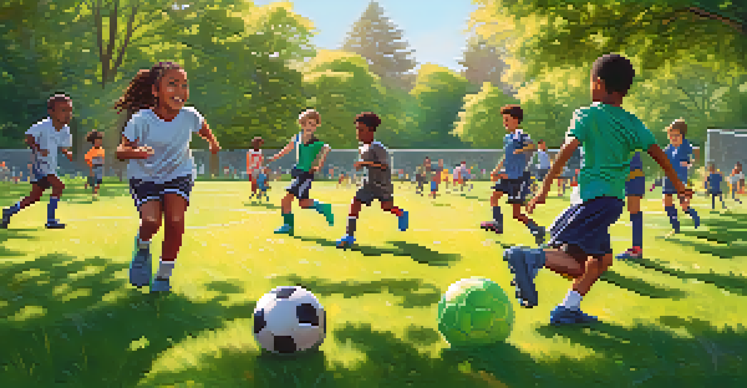 A diverse group of children practicing soccer in a park, showcasing teamwork and inclusivity under a sunny sky.