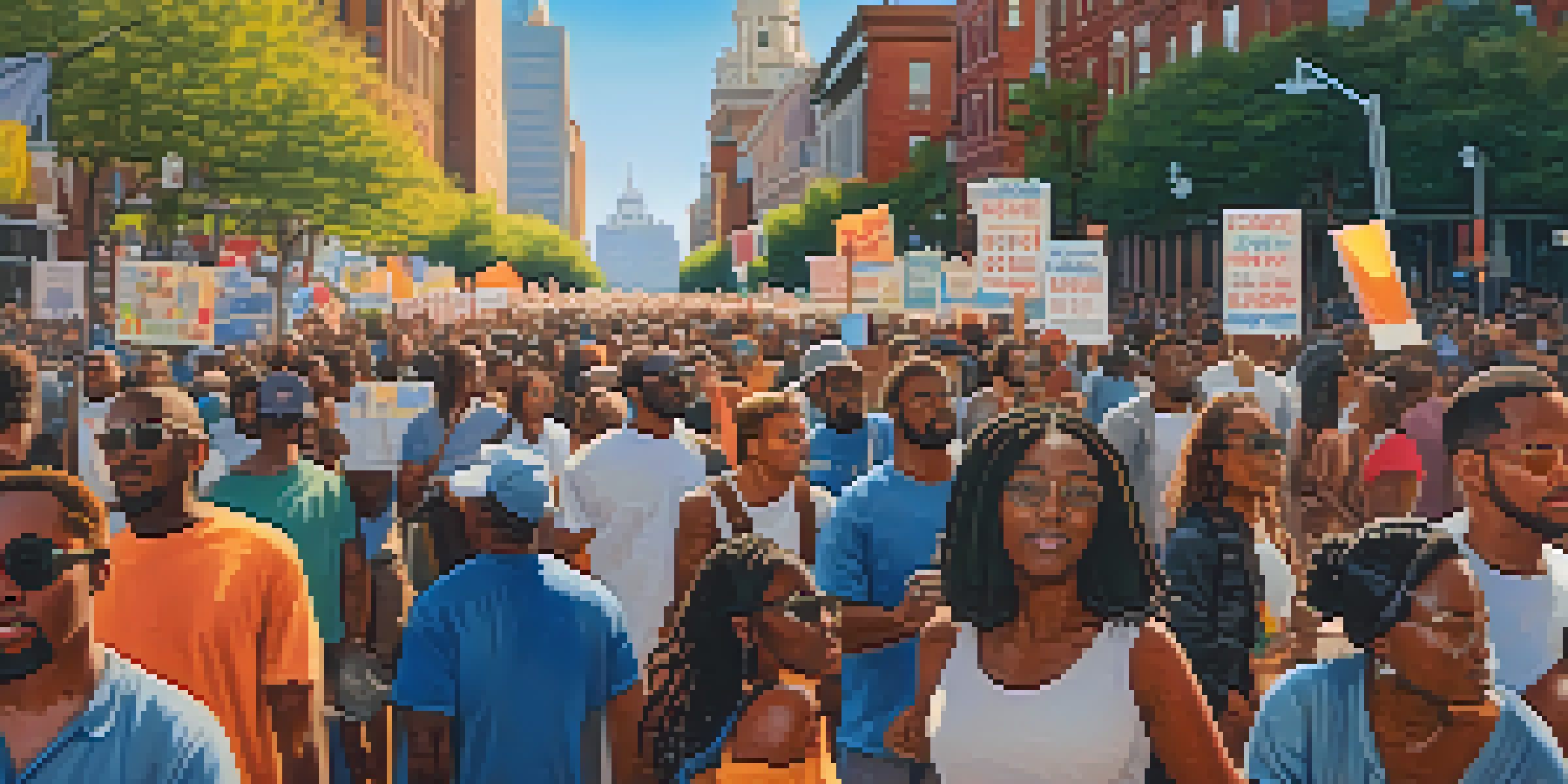 A lively Philadelphia street scene with diverse individuals participating in a peaceful protest, colorful banners raised, and the city skyline in the background.