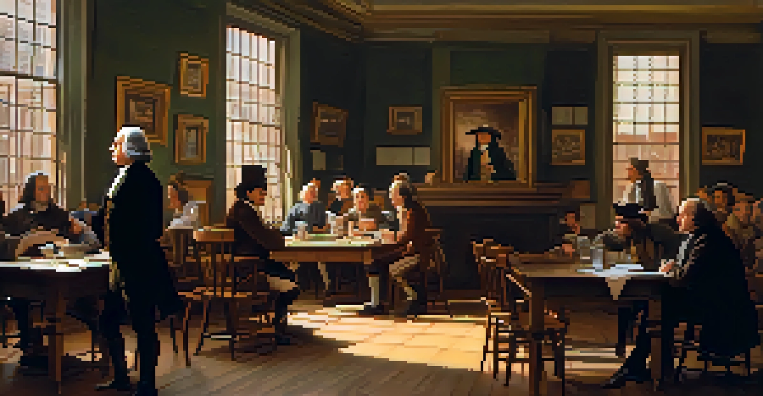 An interior view of a Revolutionary-era coffeehouse in Philadelphia, with historical figures discussing ideas over wooden tables.