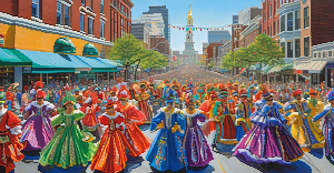 A lively parade with participants in colorful costumes marching down a city street, with families watching and a blue sky above.