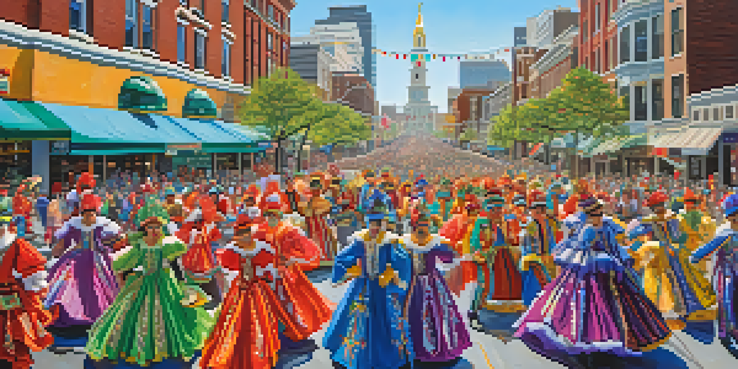 A lively parade with participants in colorful costumes marching down a city street, with families watching and a blue sky above.