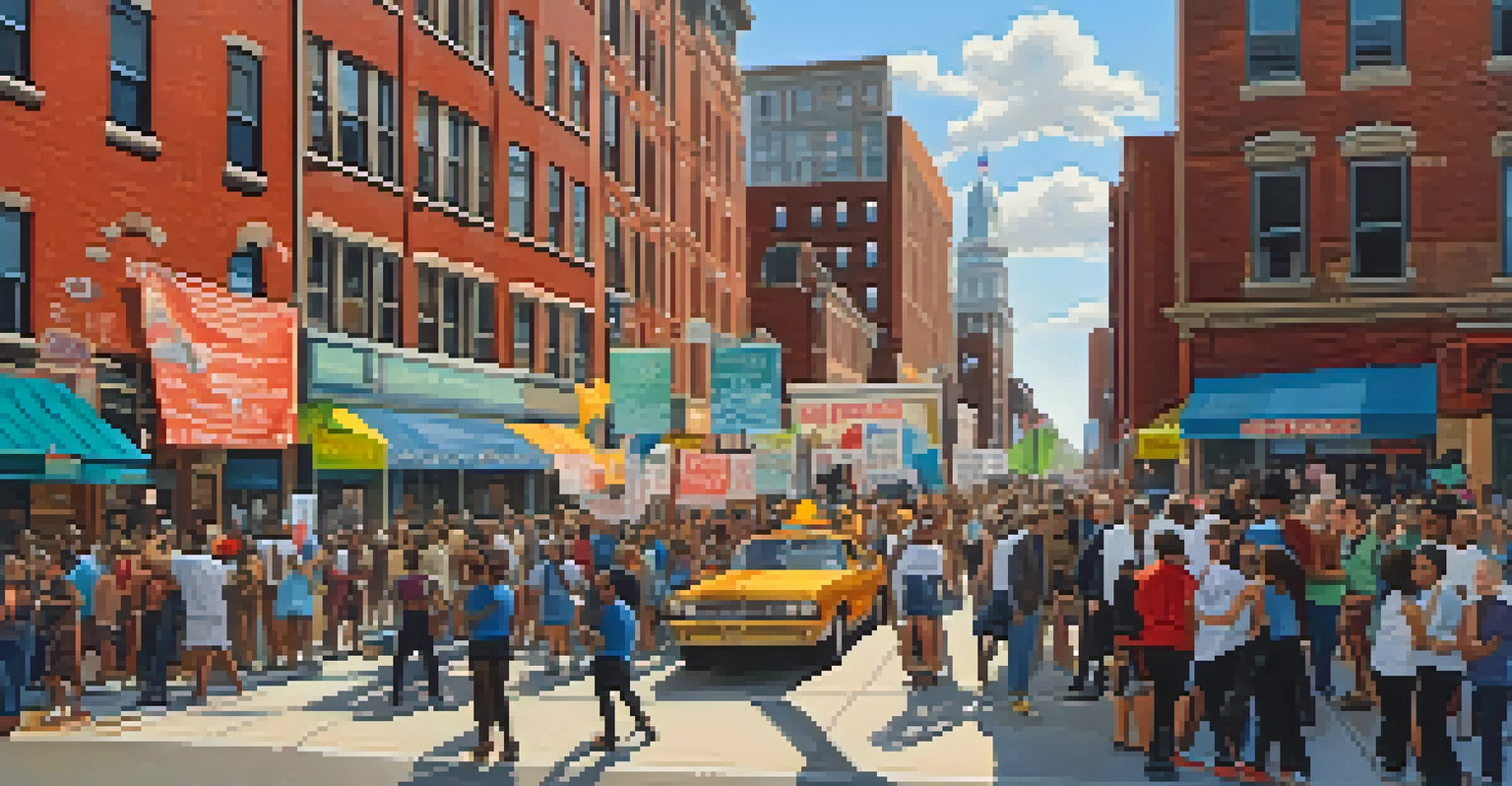 A modern Philadelphia street scene featuring diverse groups engaged in discussions, with historical markers and street art in the background.