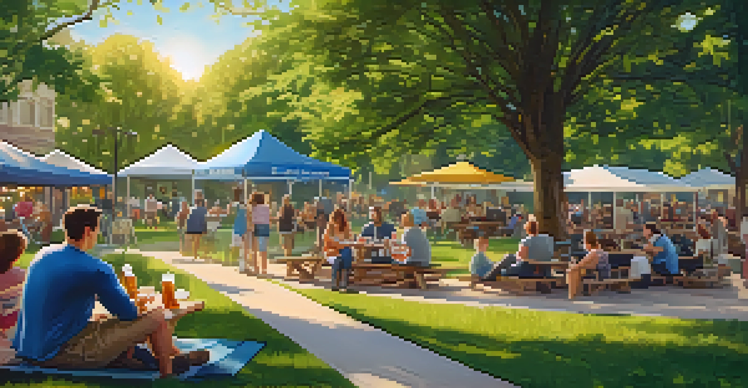 A mobile beer garden in a park filled with people enjoying craft beers and food from trucks, with sunlight filtering through the trees, creating a cozy atmosphere.