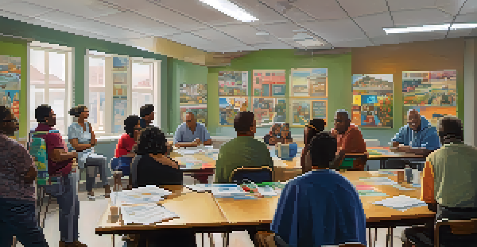 A community meeting in a bright room with residents discussing revitalization plans, surrounded by local art posters and a whiteboard with ideas.