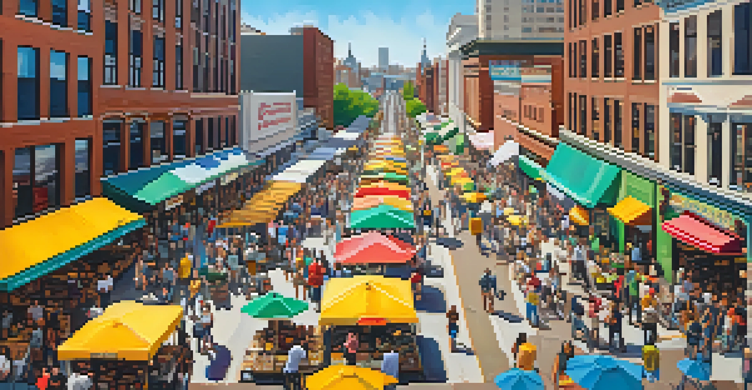 A lively food market in Philadelphia with crowds enjoying cheesesteaks from various vendors, under warm sunlight.