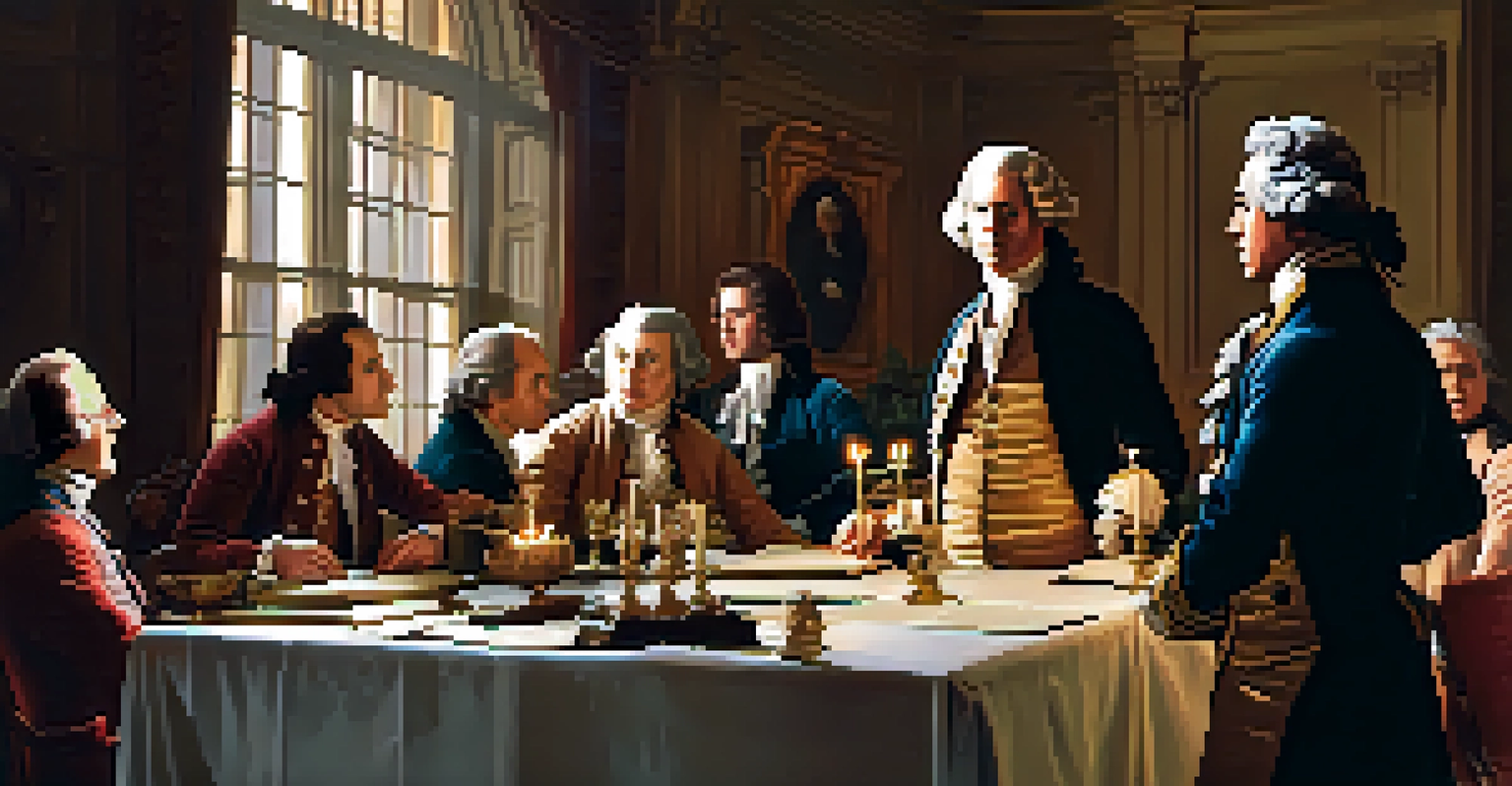 Delegates in 18th-century clothing engaged in debate at the Constitutional Convention, surrounded by period furnishings and candlelight.