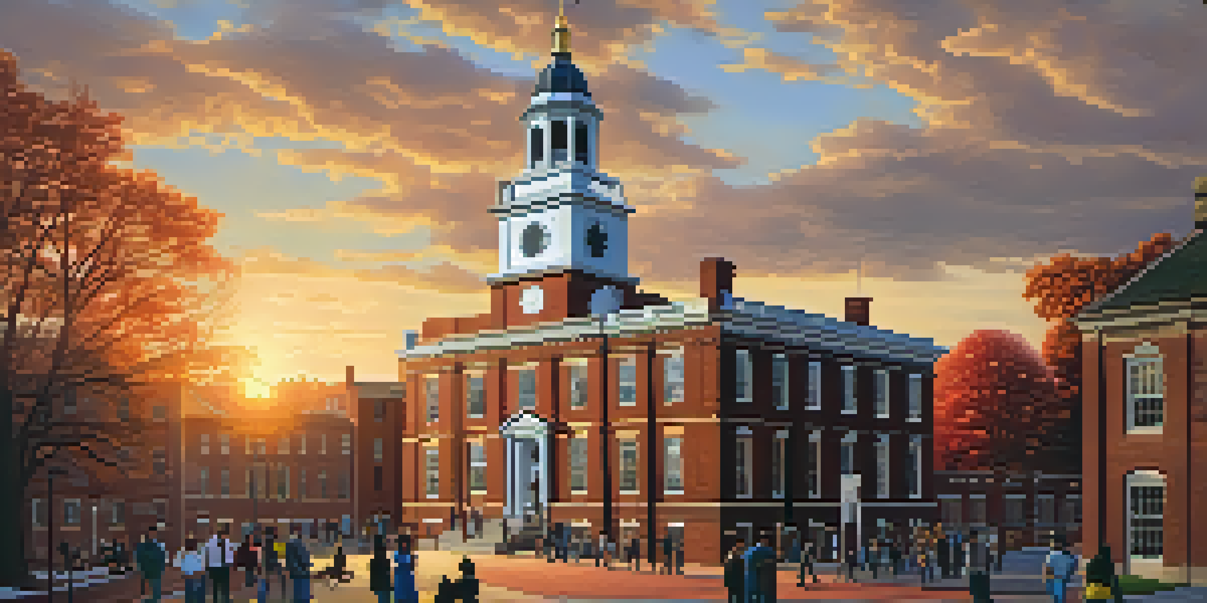 A diverse group of people gathered in front of Independence Hall during sunset, with warm golden light illuminating the scene.