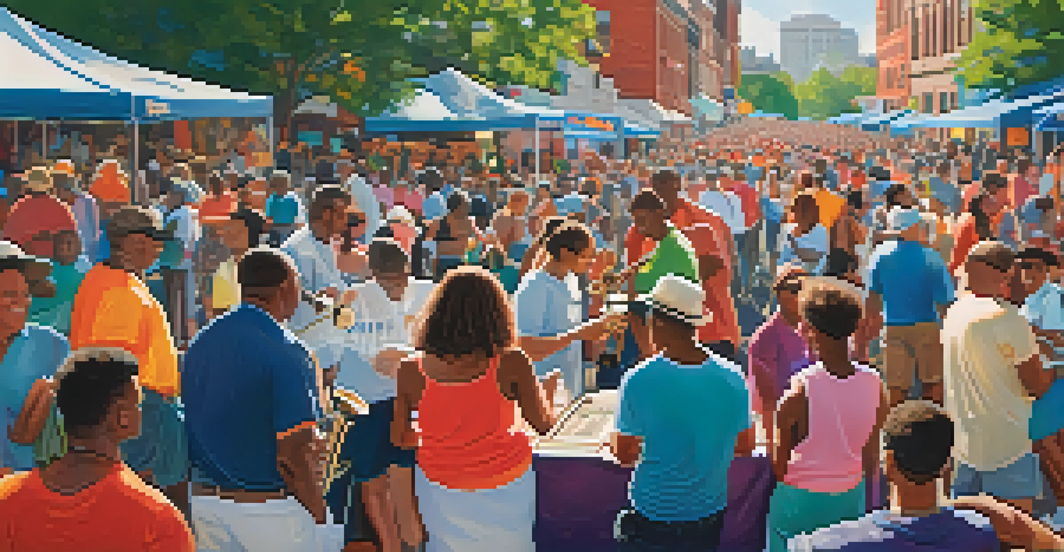 A lively jazz festival scene with musicians performing on stage, surrounded by an audience and colorful art booths displaying crafts.