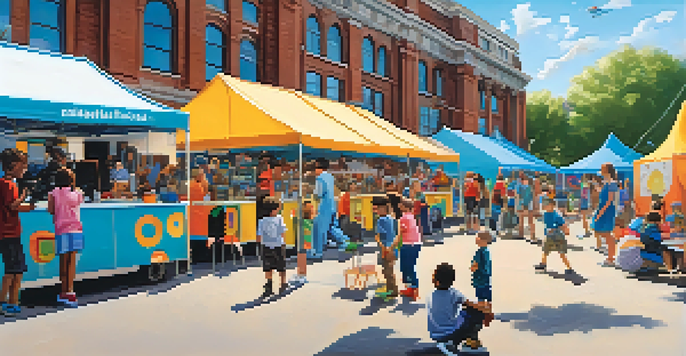 Children engaged in interactive science exhibits at the Philadelphia Science Festival, with colorful tents and food trucks in the background.