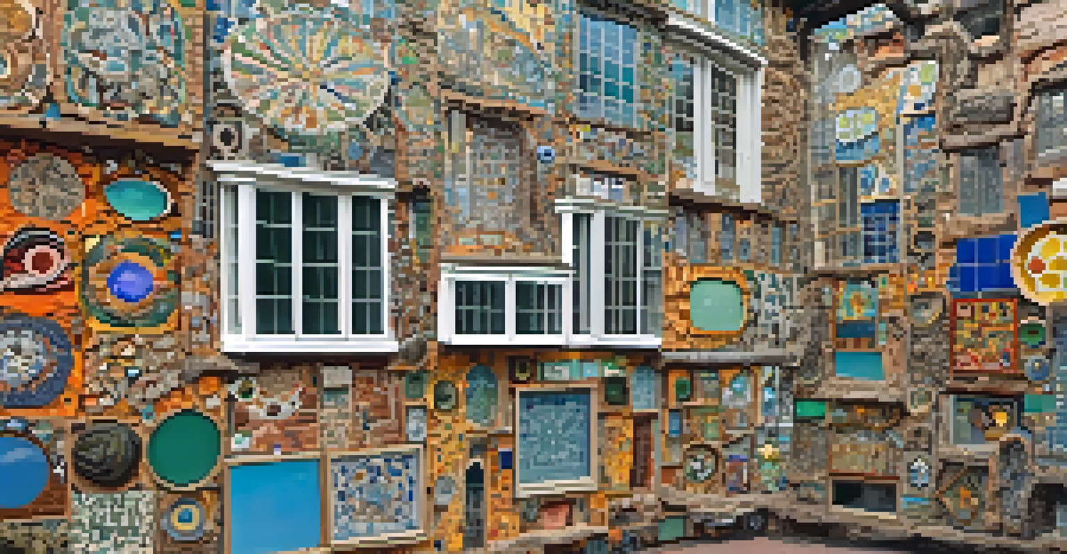 A colorful mosaic wall at the Philadelphia Magic Gardens, showcasing intricate patterns and bright sunlight reflections.