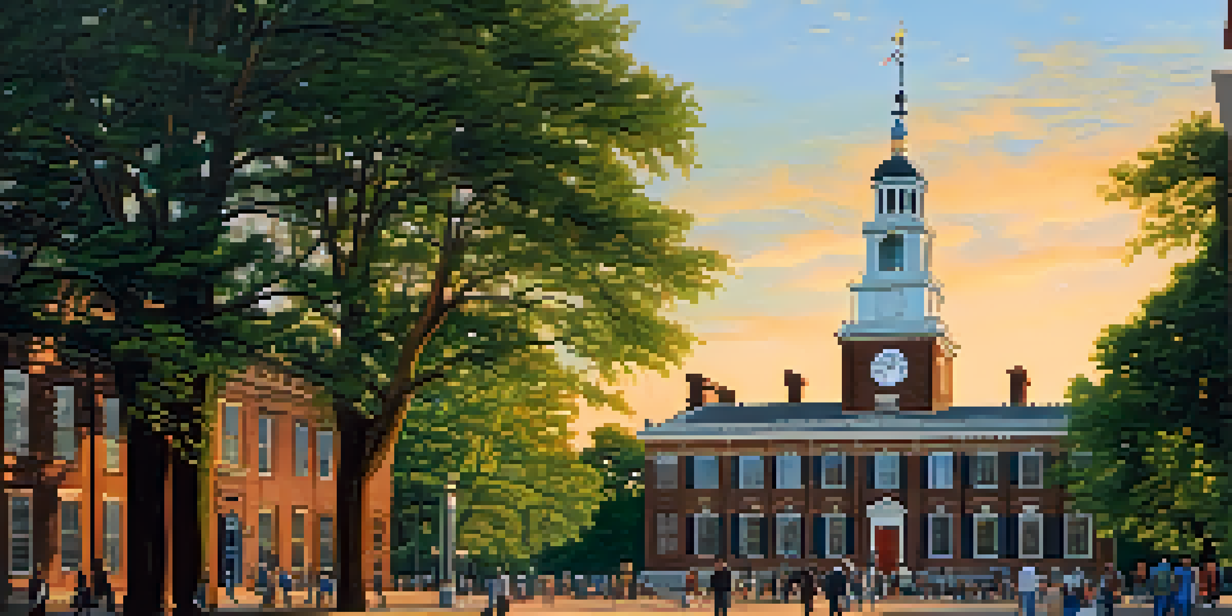A historic Independence Hall in Philadelphia at sunset, with a golden light and diverse people discussing democracy.